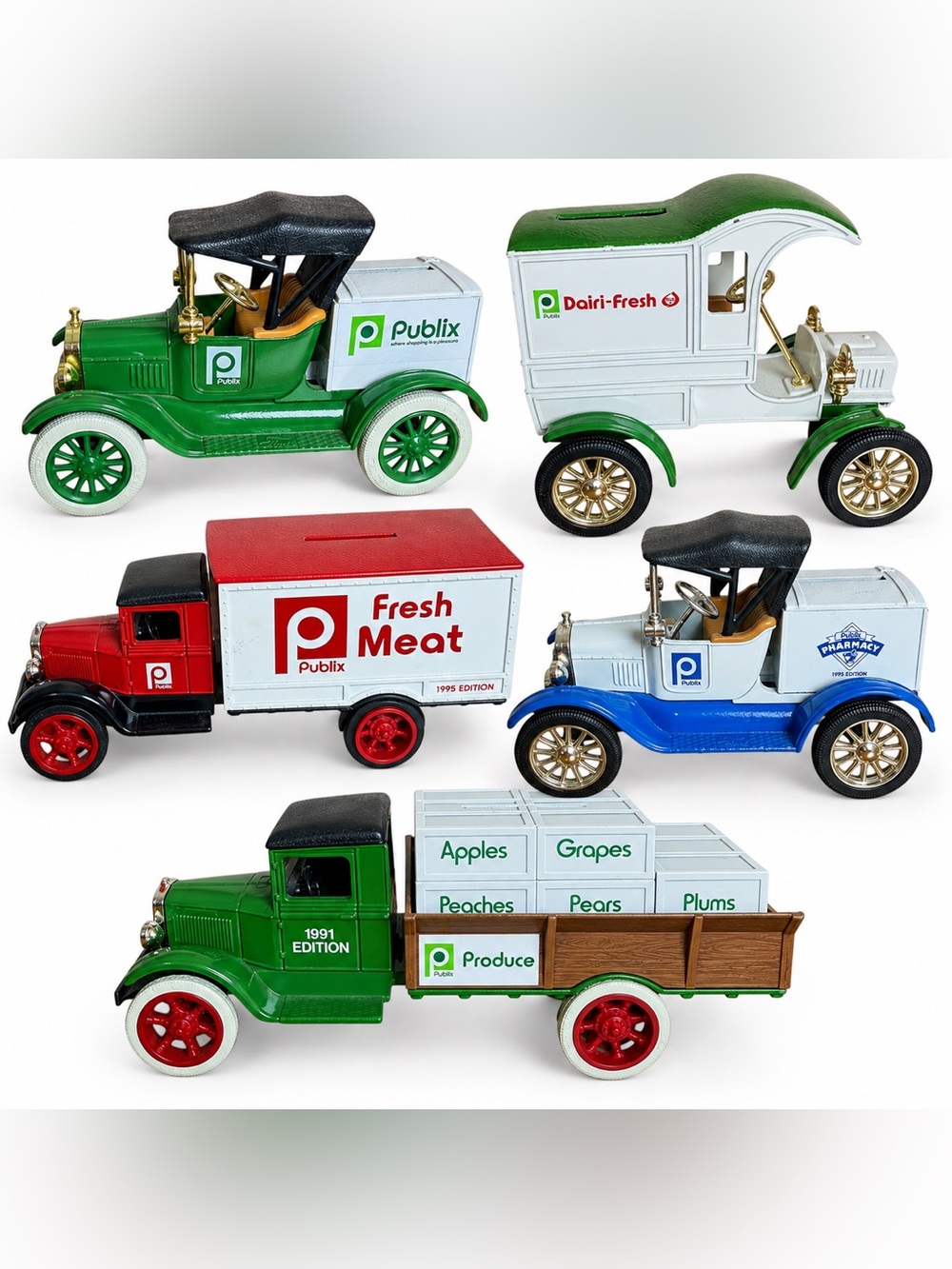 Lot Of 5 VTG Publix Die-Cast Truck Banks Metal Collectible
